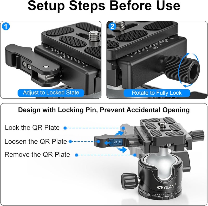 WEYLLAN EH36L Tripod Ball Head with Lever Release, 36mm Low Profile Heavy Duty Ball Head Mount with Arca Swiss Quick Release Plate for Camera Tripod Monopod DSLR Camcorder Telescope,Max Load 44lb/20kg - Image 4